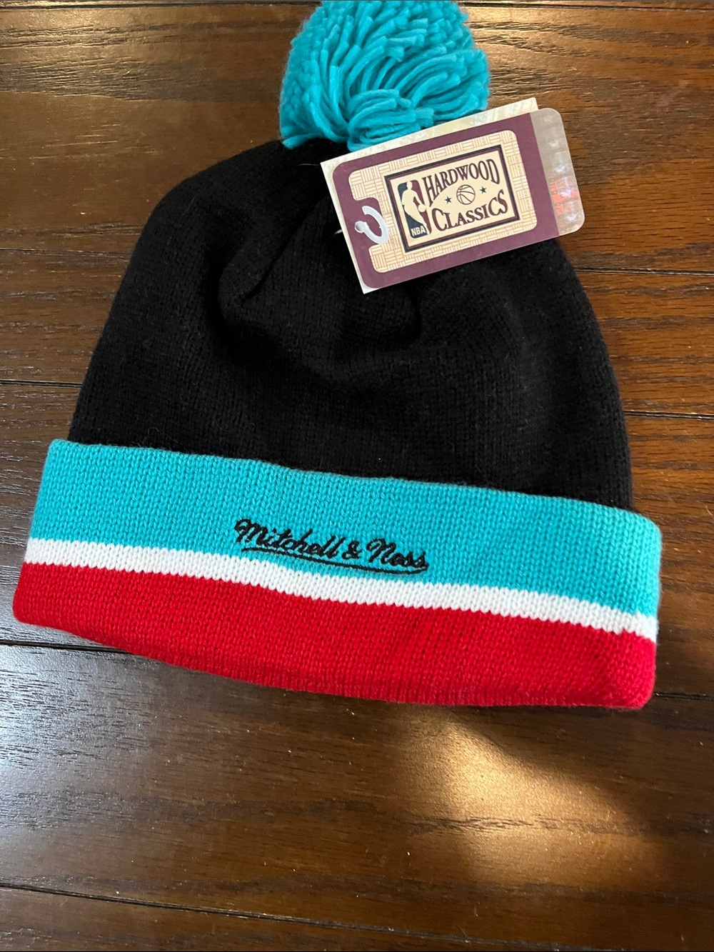 Mitchell & Ness Kids Black Beanie with Teal & Red Cuff